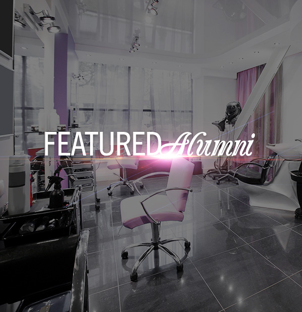 Empty grey and pink beauty salon with words Featured Alumni