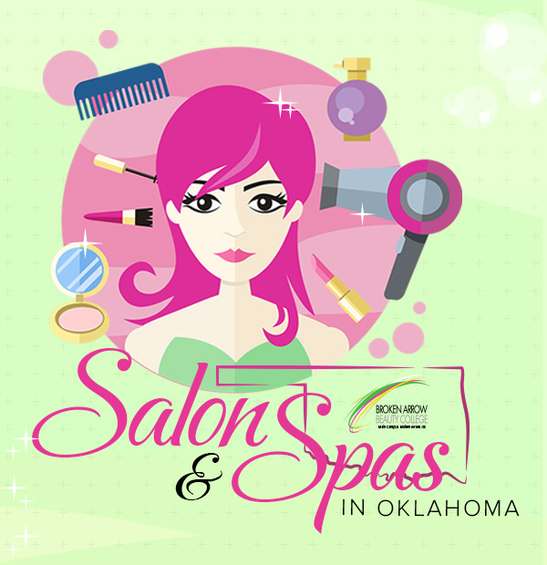 Illustrated image of woman with pink hair surrounded by beauty hair and makeup tools reads salon and spas in oklahoma