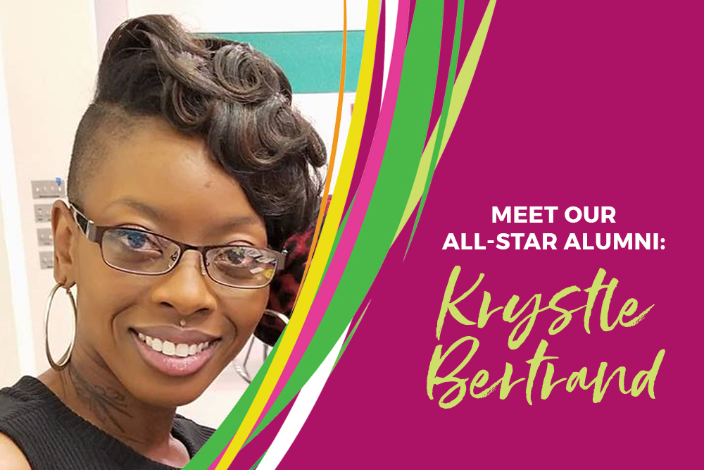 Framed image of beautiful black woman with glass with graphic alumni Krystle Bertrand