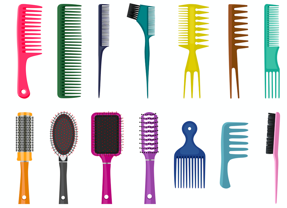 Illustrated image of fourteen different types of hair brushes in various colors
