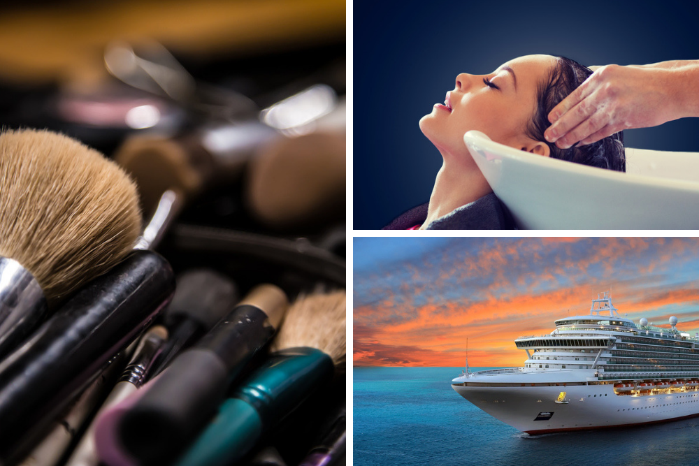 a grid picture of makeup brushes and a cruise ship and a woman getting her hair professionally washed