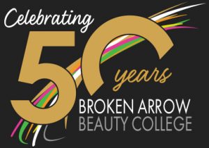 broken arrow beauty college 50 years logo