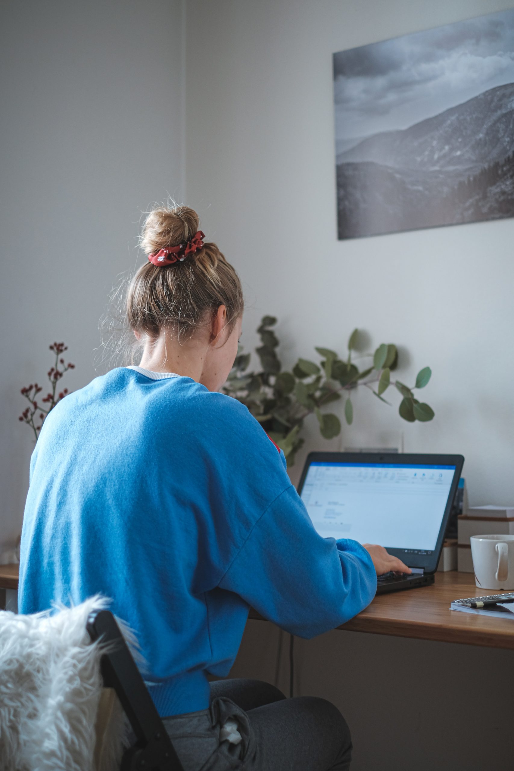 woman sitting at desk using laptop
